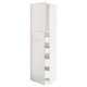 Modern white high gloss kitchen cabinet with sleek design and multiple shelves.