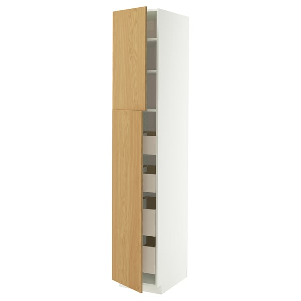 A modern tall white kitchen cabinet with light wooden doors. It multiple shelves and a drawer.
