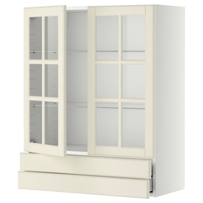 Off-white kitchen cabinet with glass doors, metal drawers, and wooden frame, traditional design.