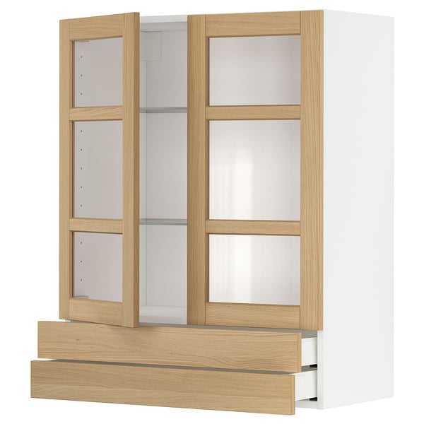 Modern oak cabinet with glass doors. Shelves and drawers, elegant wood texture.