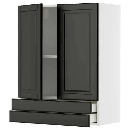 Modern kitchen storage: METOD cabinet in black with two doors, one glass, and two drawers.