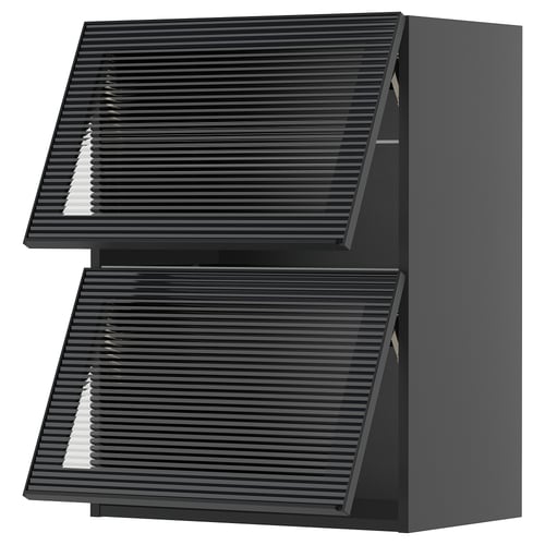 Two dark grey modern kitchen cabinets with sleek, horizontal slatted doors.