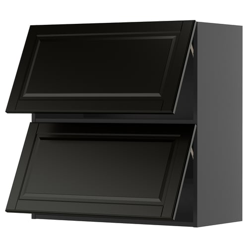 Black kitchen cabinet with two openable doors and bevelled edges.