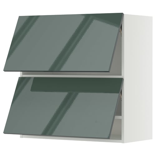 Modern kitchen units, gray-green, high-gloss finish, wall-mounted, square shape.