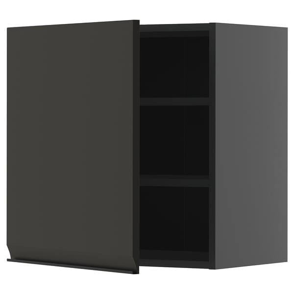Modern black kitchen cabinet with sleek handle-less design and two shelves.