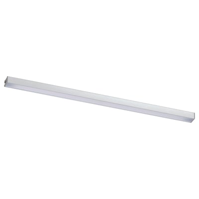 A MITTLED kitchen light bar in silver. Its sleek, rectangular, and dimmable. Made of aluminium and plastic.
