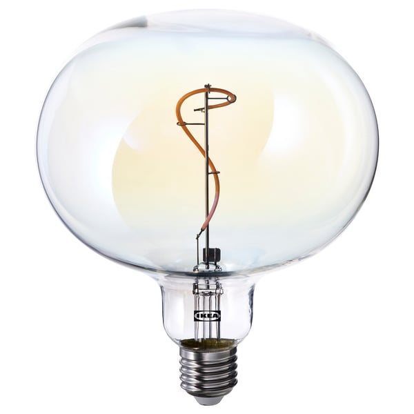 This is the ellipse-shaped MOLNART led light bulb, featuring a spiral filament and double glass, emitting warm light.