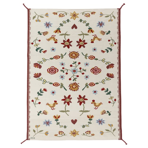 Swedish folklore rug, NICKGRÄS, florals on cream, red braids, wool & cotton