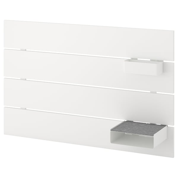 NORDLI white headboard with shelf and grey storage box.