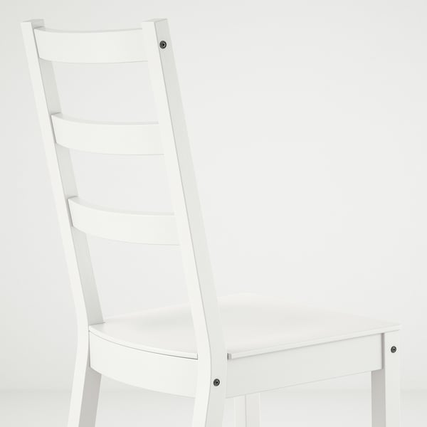 White wooden chair, smooth finish, curved seat, high back with slats, sturdy look.