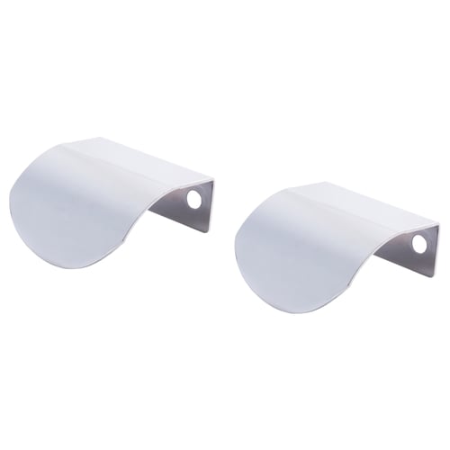 Two silver, metal, curved mirror shields with holes, reflective side out.