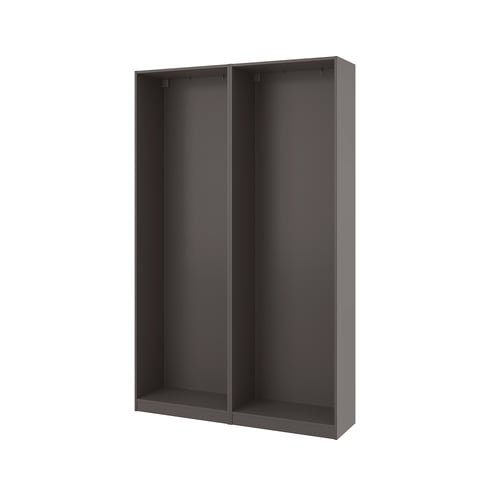 Grey PAX wardrobe frame, tall, rectangular, no doors, minimalist design.