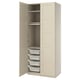 Beige PAX wardrobe with white wire baskets & hangers.