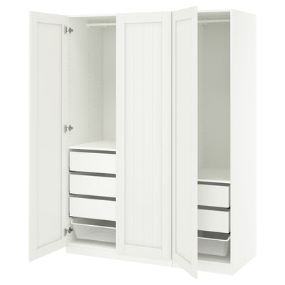 A white ikea PAX wardrobe. It two open sections with shelves and drawers.