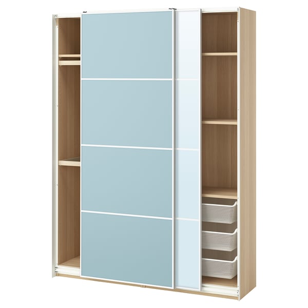 Modern wardrobe with light blue mirrored doors, wooden shelves, and mesh drawers. Slim design with sliding doors.