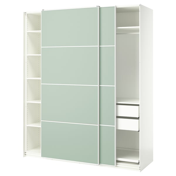 Ikea PAX wardrobe: tall white sliding closet, light green doors, modern minimalist design.