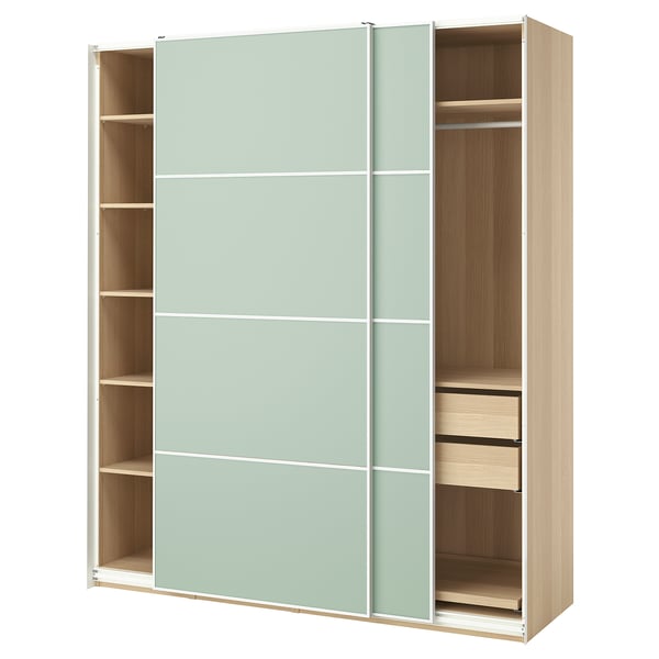PAX wardrobe with light green sliding doors. Tall, rectangular shape with wooden shelves and drawers.