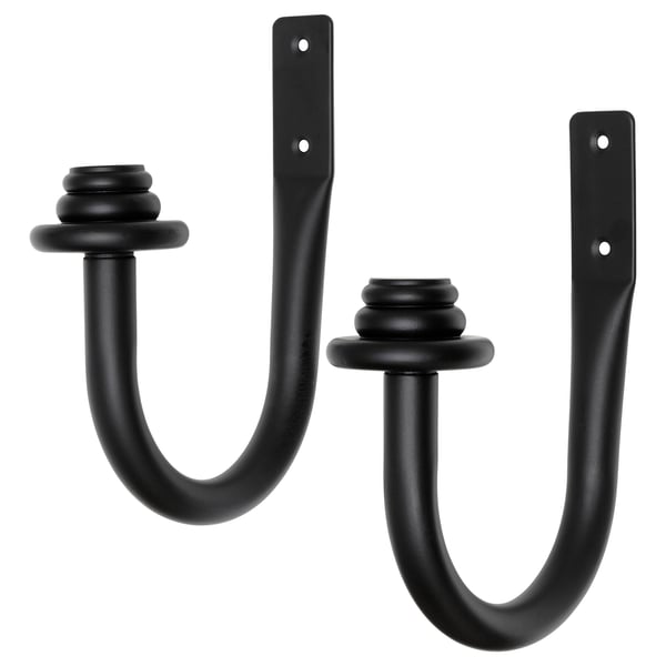 Image shows black PILÖRTSFLY curtain tie-backs, modern design with wooden finials.