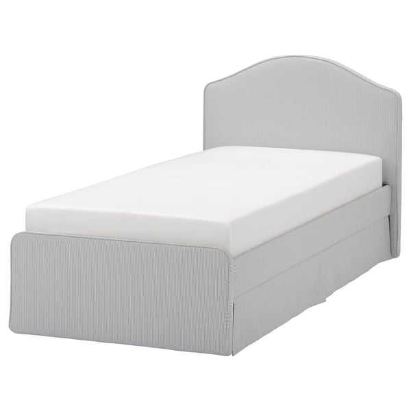 RAMNEFJÄLL upholstered bed, grey-white striped, curved headboard, piped edges.