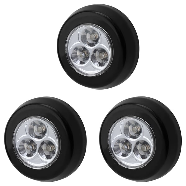 Three black RAMSTA led lights with round shape and abs plastic base, emitting bright white light.