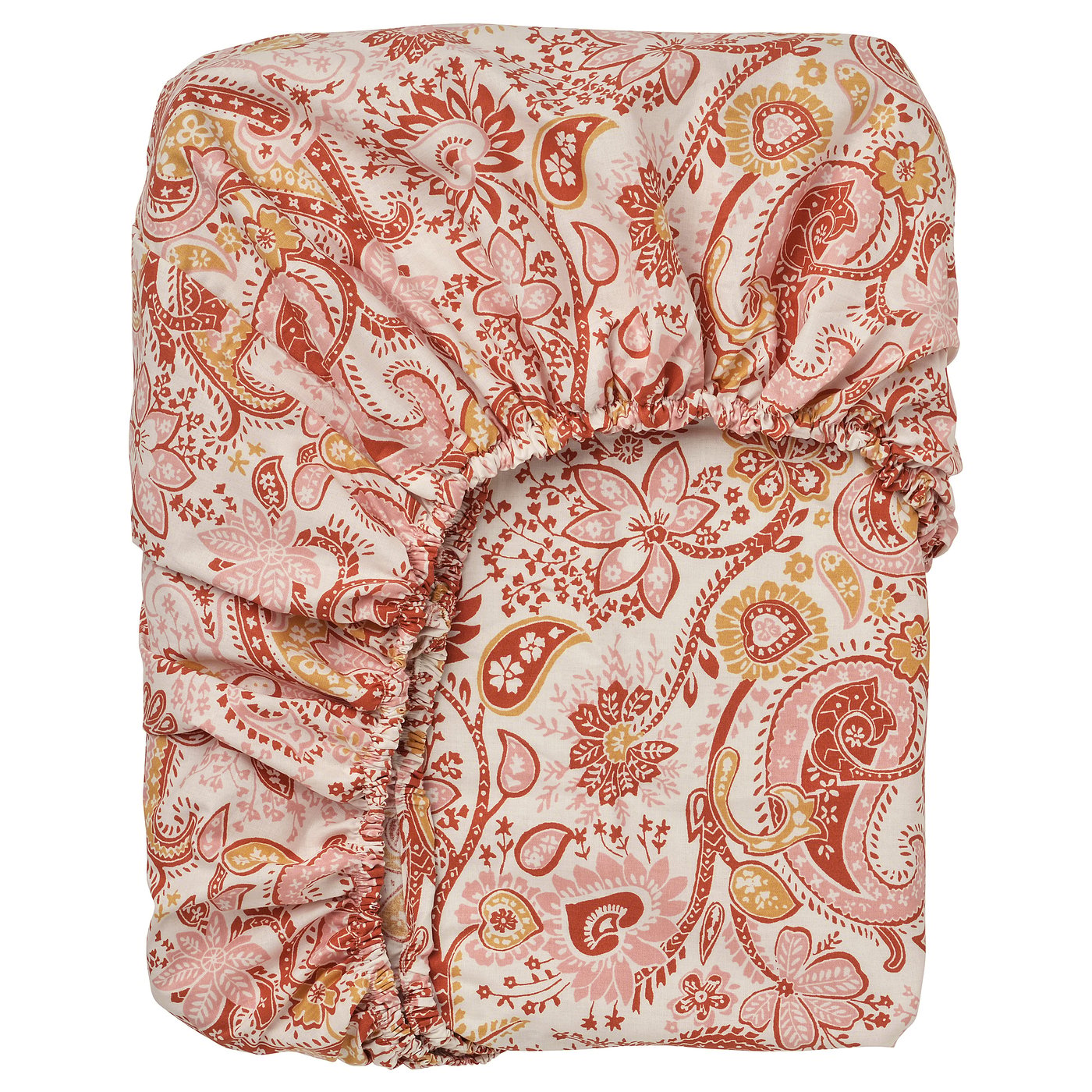 RODGERSIA paisley fitted sheet, coral & beige, cotton-viscose blend, elastic sides.