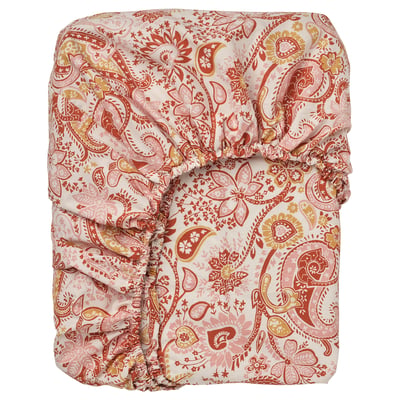RODGERSIA fitted sheet, peach paisley print, cotton-viscose blend, soft and breathable, elastic edging for mattresses up to 26 cm thick.
