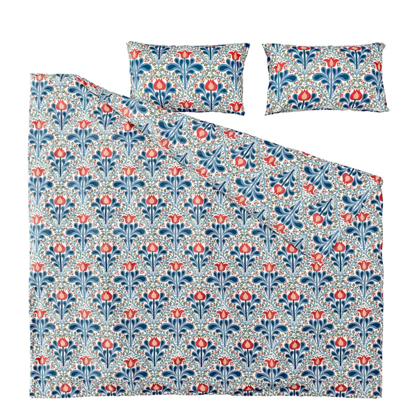 SÄTERVIDE duvet set, blue/red floral, cotton/lyocell, rectangular with pillowcases.