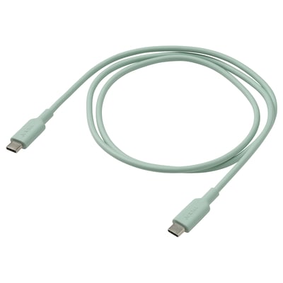 Mint green usb-c cable, flexible tpe material, coiled shape.