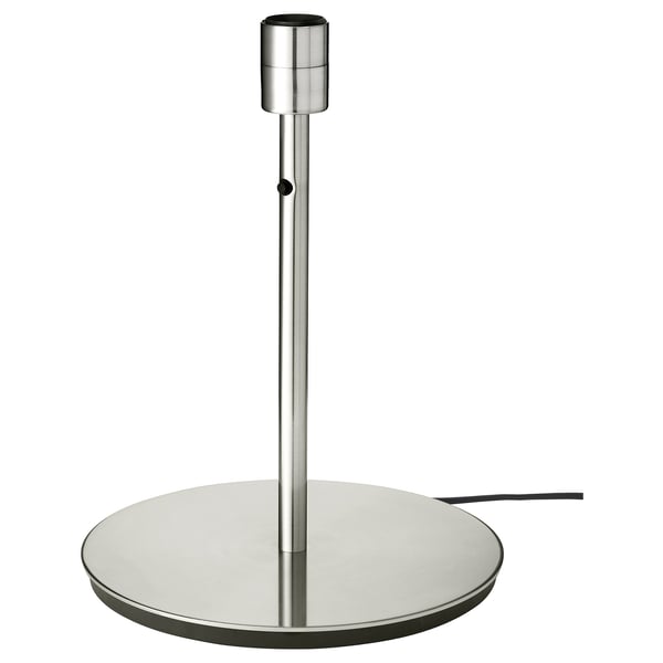 SKAFTET lamp base: silver, modern, minimalist design with round white base, metallic stem.