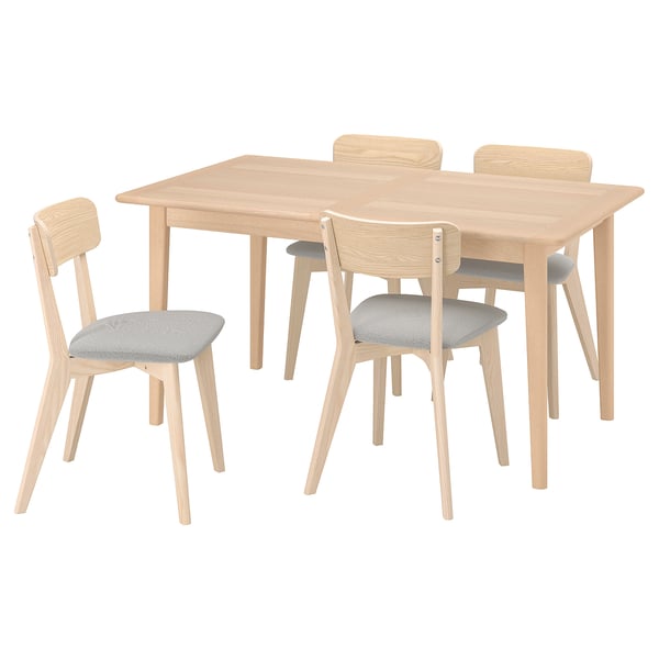 Modern light wooden dining set with 4 chairs, 1 extending table, light grey cushioned seats.