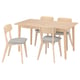 Modern light wooden dining set with 4 chairs, 1 extending table, light grey cushioned seats.