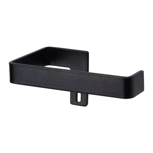 A black SKOGSVIKEN wall-mounted storage bracket made of steel with a sleek, modern design.