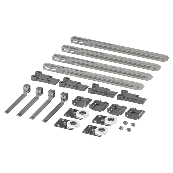 SKYTTA sliding door hardware kit in grey, includes rails, brackets, wheels, and fasteners.
