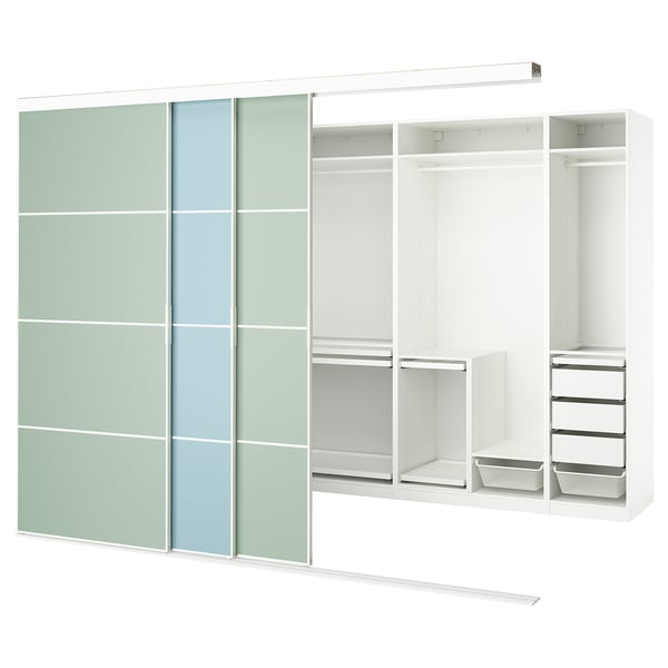 Ikea SKYTTA wardrobe: white customizable sliding closet with light green and blue glass doors, metal and wood interior, 10-year guarantee.