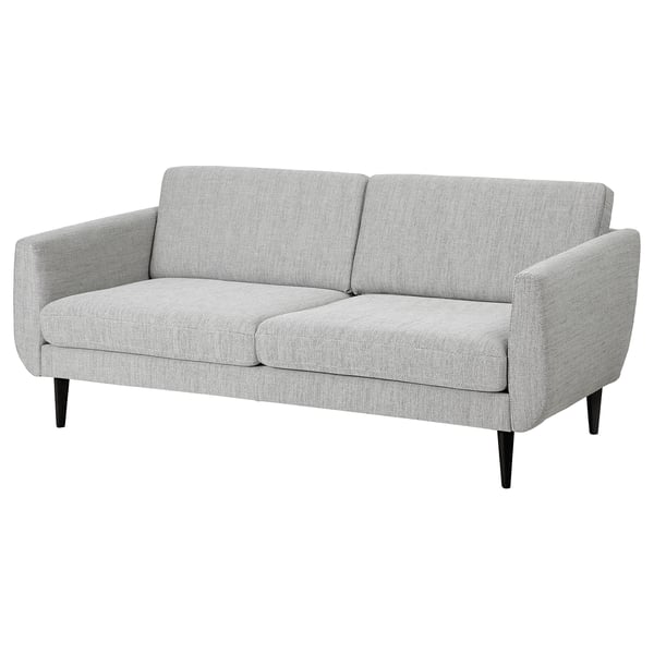 Modern grey SMEDSTORP sofa, soft shapes, resilient foam cushions, cone legs, retro style.