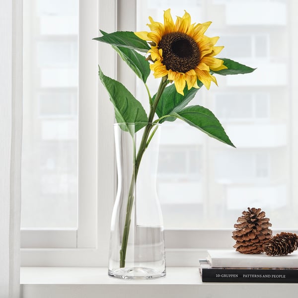Sunflower in vase on windowsill with curtains.
