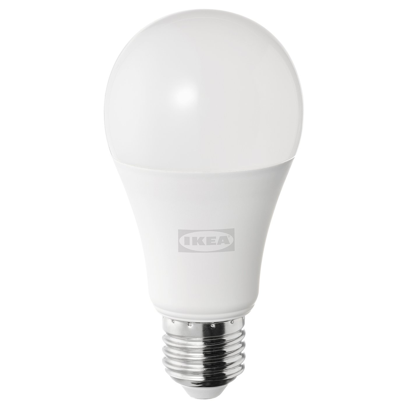 Ikea SOLHETTA led bulb, white, rounded shape, warm-white glow, durable plastic cover.