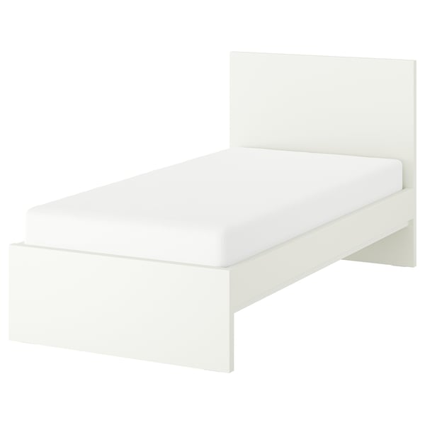 STORKLINTA modern white bed, minimalist design, sturdy, clean lines.