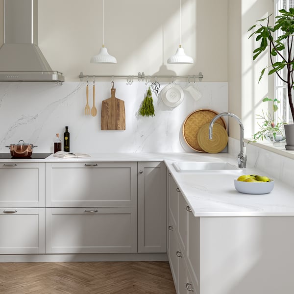 TÄRNHULT Custom made wall panel, white/grey-beige marble effect/glass composite, 1 m²x2.0 cm