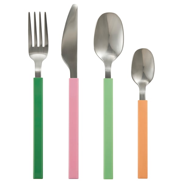 TÅNGMÄRLA cutlery set, colourful, stainless steel, plastic handles, simple, clean shape.