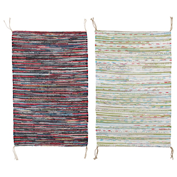 Two multicoloured handwoven cotton rugs, one with dark tones, the other light, featuring horizontal stripes.