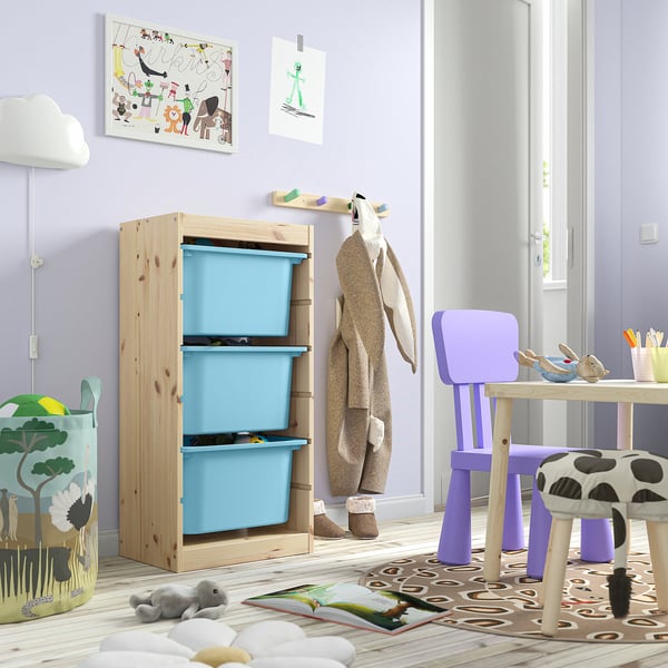 TROFAST Storage combination with boxes, light white stained pine/light blue, 44x30x91 cm