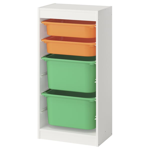 An ikea TROFAST white storage unit with orange and green plastic bins.