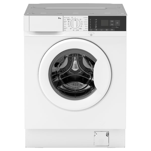 White front-loading washing machine with a digital control panel and a steam function. Its energy-efficient with a 5-year guarantee.