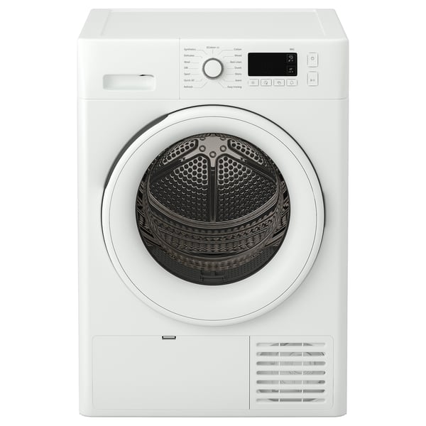 A front-loading white dryer. It has a digital display at the top and a drum with a perforated pattern.