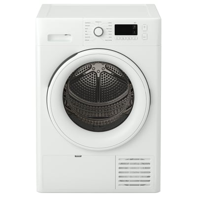 A front-loading white dryer. It has a digital display at the top and a drum with a perforated pattern.