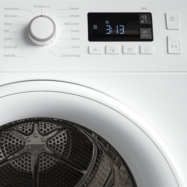 Front-loading dryer with digital display, multiple fabric settings, and 8kg capacity.