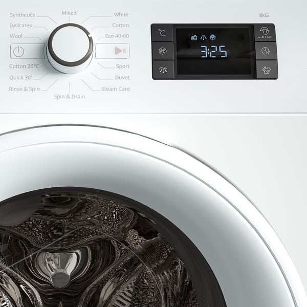 Washing machine control panel & drum with settings, display, and wet clothes.