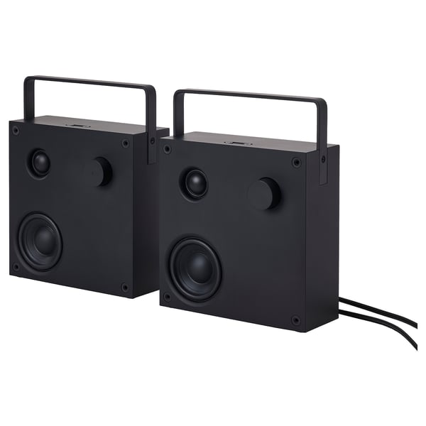 Black VAPPEBY bluetooth speaker pair, rectangular shape with top handle, made of recycled abs plastic.