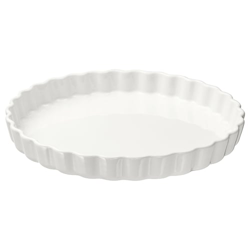 A round, white VARDAGEN pie dish made of stoneware, with a wavy edge design.